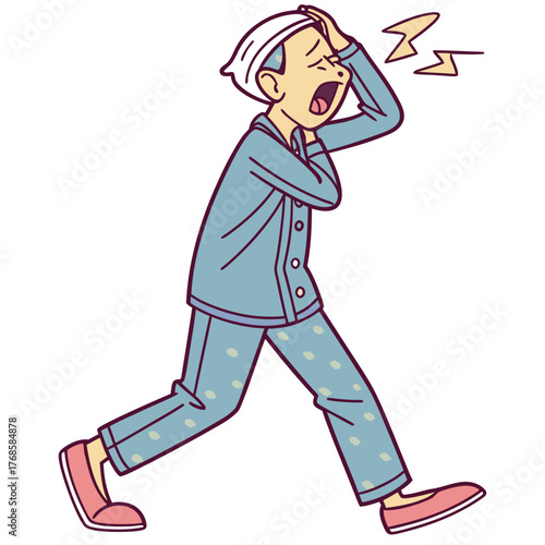 Person in pajamas experiencing a headache and yawning