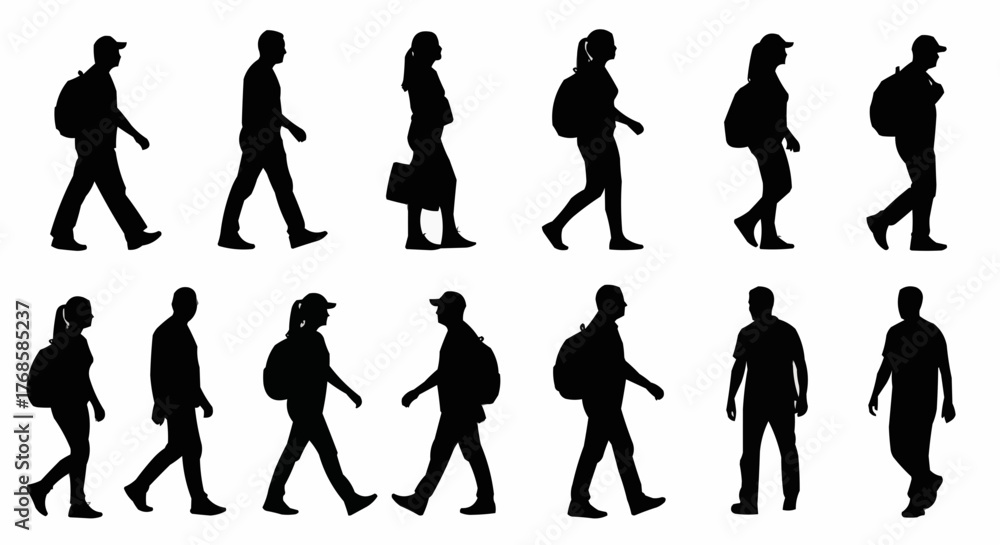 Fototapeta premium Silhouettes of people walking with backpacks and bags in various poses and directions on white background