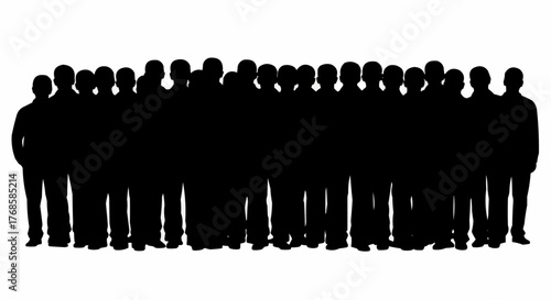 Silhouette of a large group of people standing together in a crowd forming a solid black mass shape