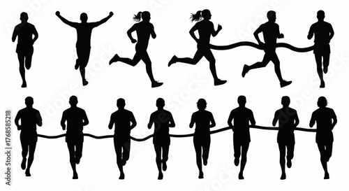 Silhouette illustration of runners crossing finish line in a race with triumphant and running poses shown