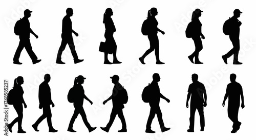 Silhouettes of people walking with backpacks and bags in various poses and directions on white background