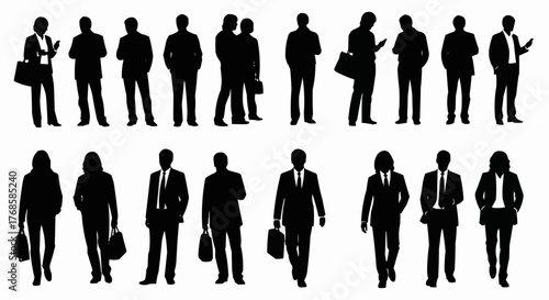 Silhouette illustration of diverse business people in suits standing and walking in various poses and actions