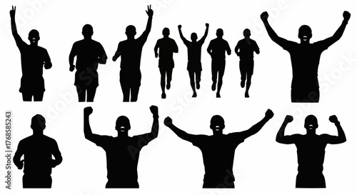Silhouettes of runners in various poses of victory and motion against a white background image view
