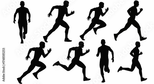Silhouettes of people running in various poses against a white background showing motion and activity scenes