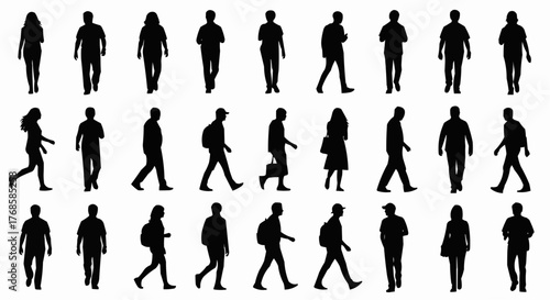 Silhouette illustration of a diverse group of people walking in various poses and carrying bags and backpacks