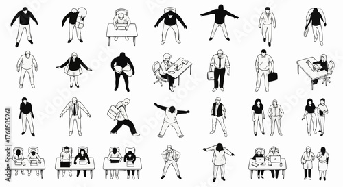Collection of isometric people in various poses and activities in black and white line drawing style