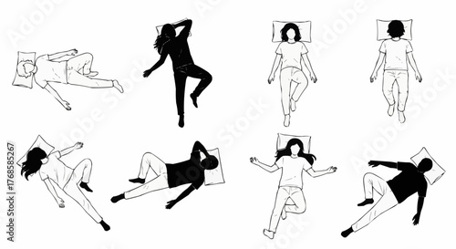 Illustration showing different sleeping positions of people lying on their backs and sides on pillows