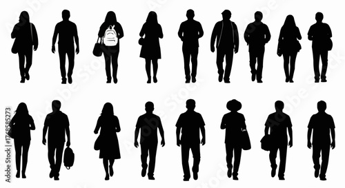Silhouette illustration of a diverse group of people walking forward in a crowd formation on white