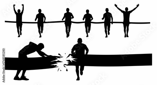 Silhouettes of runners competing in a race with one breaking the finish line and celebrating victory
