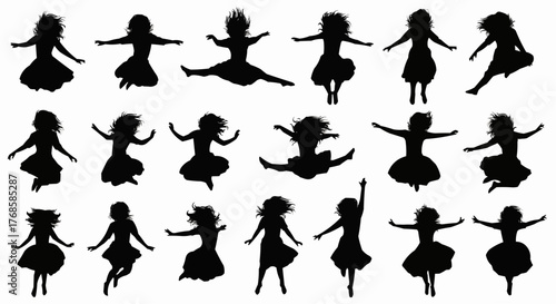 Silhouettes of girls joyfully jumping and dancing in various poses against a white background image art