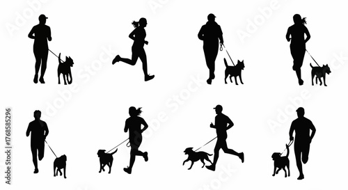 Silhouettes of people running with dogs on leashes in various poses and arrangements on a white background