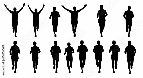 Silhouette illustration of multiple runners in various poses against a white background image view