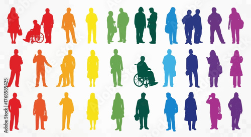 Colorful silhouettes of diverse people standing and interacting in various poses and arrangements