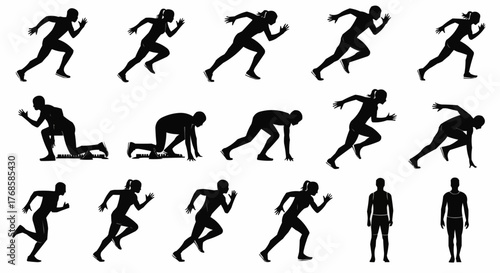 Silhouettes of runners in various stages of a race preparation and running on a white background