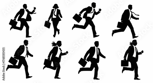 Silhouettes of business people running with briefcases in a hurry on a white isolated background image