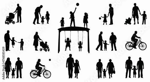 Silhouettes of families engaging in various activities such as walking and playing in the park scene