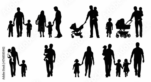Silhouettes of families with children walking and interacting in various poses and configurations