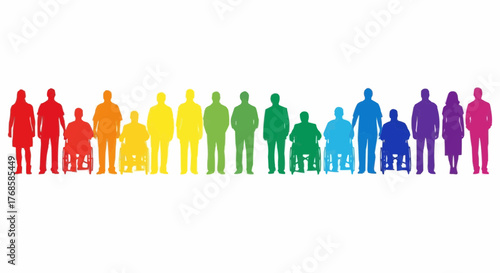 Rainbow colored silhouettes of diverse people standing and sitting in wheelchairs on a white background
