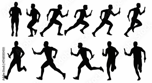 Silhouette illustration of relay race runners passing the baton in a track and field competition scene