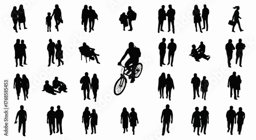 Silhouette of people in various activities including walking sitting and riding a bicycle on white background