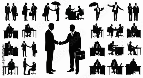 Silhouette illustrations of business people in suits working shaking hands sitting at desks and standing up