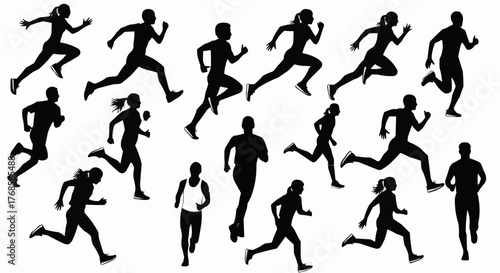 Silhouettes of men and women running in various poses and positions on a white background in black color