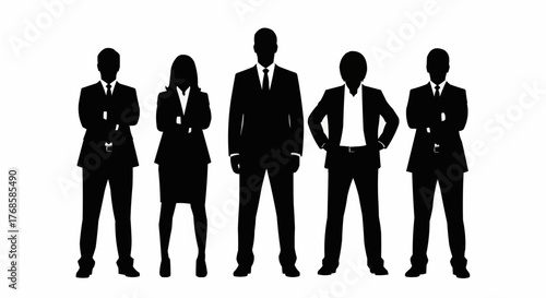 A silhouette of five business people standing together in suits and ties on a white background image view