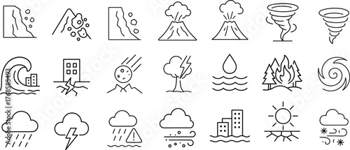 Natural disaster and weather hazard line icon set. Vector pictograms of wildfire, earthquake, tornado, flood, tsunami, volcanic eruption, drought, and blizzard thin linear illustration