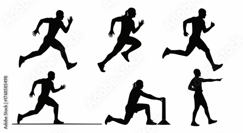 Silhouettes of people running stretching and pointing in various poses on a white background isolated