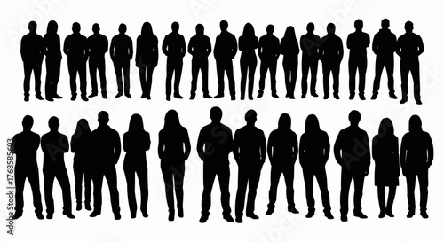 Silhouette of two rows of people standing together in a group, all in black on a white background