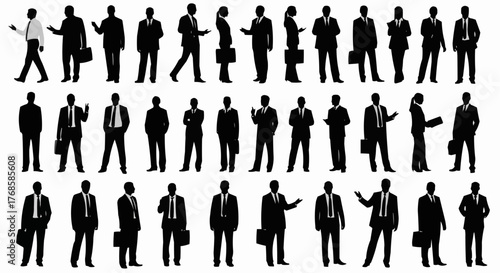 Silhouette collection of business people in suits standing in various poses and carrying briefcases
