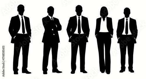 Silhouette illustration of five business people in formal attire standing in a line against white background