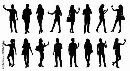 Silhouettes of people using phones and taking selfies in various poses against a white background scene view