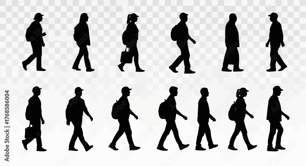 Obraz premium Silhouettes of people walking with bags and backpacks in various poses and directions on a transparent background