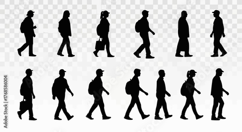Silhouettes of people walking with bags and backpacks in various poses and directions on a transparent background