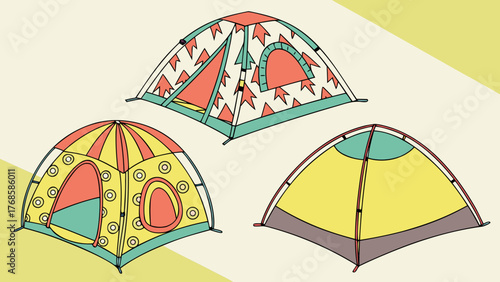 Colorful camping tents illustration evokes outdoor adventure, perfect for travel blogs, brochures, and summer promotions with vibrant vector art appeal