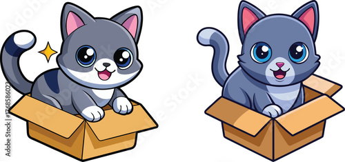 Happy Baby Cat Cartoon Playful Kitten Exploring a Cardboard Box, Cute Vector Illustration