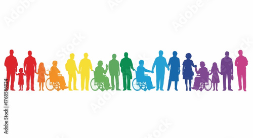 Rainbow silhouettes of diverse people holding hands and in wheelchairs representing inclusion and diversity
