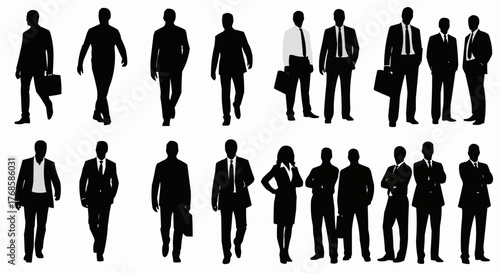 Silhouettes of business people in suits standing and walking with briefcases in a group format