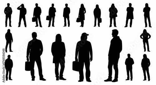 Silhouette representations of diverse people standing in various poses and attires shown against a white background