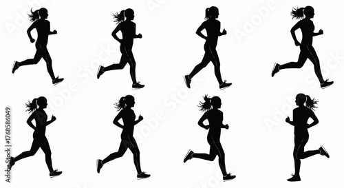 Silhouettes of a woman running in various poses against a white background in a repeating pattern style