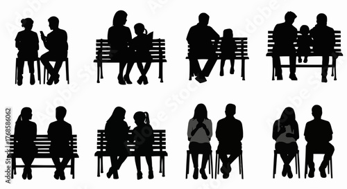 Silhouettes of people sitting on benches and chairs in various arrangements and activities shown