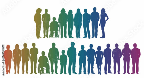 Silhouettes of diverse people standing together in two rows with gradient color effect on white background