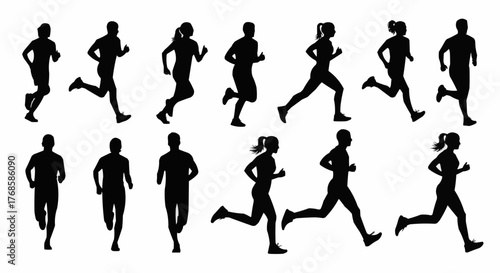 Silhouette illustration of diverse runners in motion depicting fitness and athletic activity in a group setting