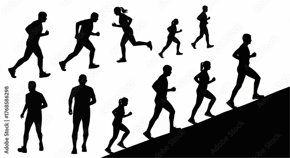 Obraz premium Silhouette illustration of people running on flat ground and climbing a hill in a black and white image