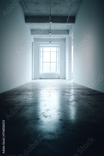 A bright, empty room with a large window, casting sunlight on polished concrete floors and creating a modern minimalist ambiance.