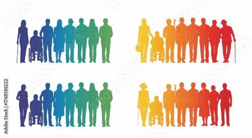 Silhouettes of diverse people standing together in rainbow gradient color arranged in four quadrants