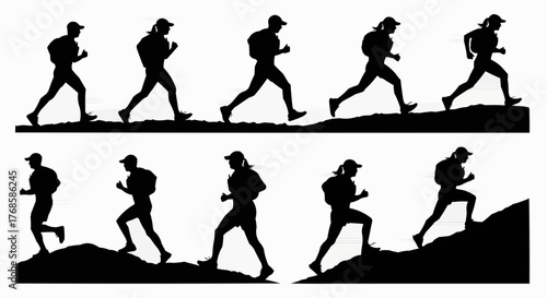 Silhouettes of people running with backpacks on varying terrain in a repeated pattern against white background