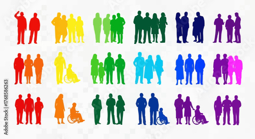 Silhouette illustrations of diverse groups of people in rainbow colors on a white background