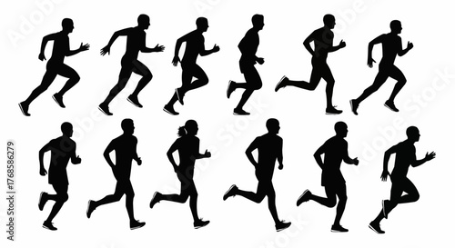 Silhouettes of people running in a row with different poses on a white background showing movement and action
